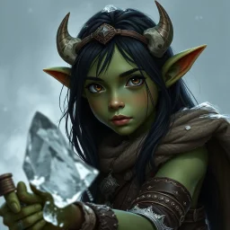 A digital illustration shoot from a portrait camera angle of an orc girl with dull green skin, she is an 8 year old orcish child and has long black hair, Fantasy, ice