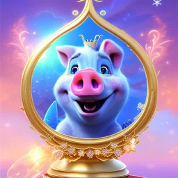 Flower , beautiful smiling pig elsa holding microphone, amazing blue eyes, happy cosmic, bright colors, blue, pink, gold, jewels, realistic, photo real, clear godly background, highly detailed, high contrast, 8k high definition, unreal engine 5, extremely sharp detail, light effect, sunny light background