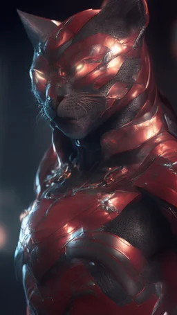 Iconic Cat-Man, Glowing red and silver, ultra-detailed armor, eye mask cat, dynamic shot, richly saturated colors, full stature, full body, cinematic atmosphere, global illumination, Octane rendering, hyper-realistic, unparalleled detail, 8K , concept art, physically based rendering, intricate textures, subsurface scattering, timeless masterpiece, AI enhanced, GAN, ray tracing, depth of field, neural network,