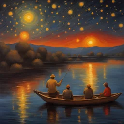 Starry night with Yellow colours and red colours and orange colours, People fishing, painting