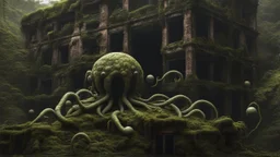 Surreal floating alien balls with tentacles, rampant foliage, vines, and moss, next to a derelict alien building, photorealistic