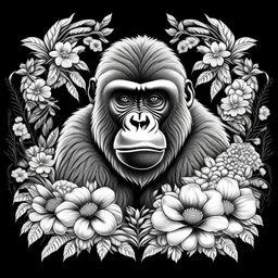 black and white gorilla between seeds and big flowers. black background. for a coloring.