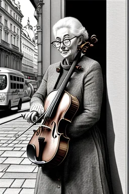 One single mature cat lady playing violin on the street, Vienna, fiacre, friendly, model style, hyper realistic, extremely accurate, delicate, extremely detailed, Graphic novel style, wide-angle, open aperture, superfine pencil