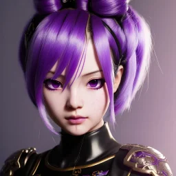 Detailed cute anime Kunoichi girl, purple hair buns, purple bangs, black latex bodysuit, intricate details, full body portrait, keep head in frame, slight smile, black Japanese motif, concept art, highly detailed, digital painting, concept art, sharp focus, illustration, art by Yoji Shinkawa, WLOP and greg rutkowski and alphonse mucha and artgerm and yanjun Chen and Junji ito and Makoto Shinkai, HDR, octane render