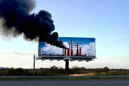 surreal full color photograph, long shot of a billboard on side of a highway containing a modern mural of giant smokestacks spewing thick dark billowy smoke that transgresses the billboard pouring into the real sky congealing into a cloud on the horizon, surreal, sophisticated, profound, dramatic