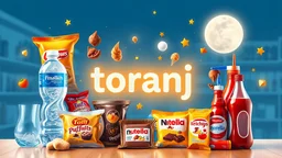 A beautiful design with the word "toranj" in the middle, surrounded by supermarket items such as mineral water, soda, chips, puffs, cakes, chocolate, Nutella packets, chewing gum, soda, and ketchup, with an orange, moon, blue, and white color theme, with light, wonder, and charm.