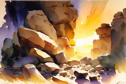 Sunset, rocks, mountains, rocky land, epic, john singer sargent watercolor paintings