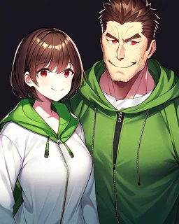 He is 16 years old, feminine in appearance but is a boy, has short dark brown hair, wears a green blouse with a zipper and hood and a white shirt underneath, has red eyes, Determined smile, dark background reminiscent of a nightmare