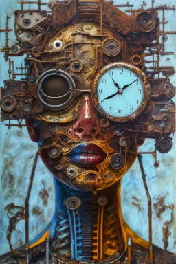 an abstract painting of rusted clocks, by lucian freud, rust, scaffolding, iron cladding, decay, mixed media, textured, anatomically correct, beautiful woman perfect face, blue eyes, sharp focus, highly detailed