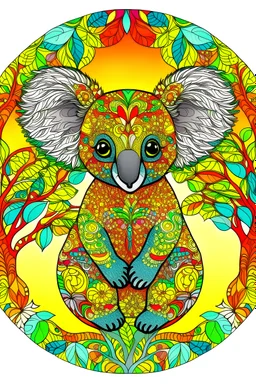 mandala koala clinging to a tree: multicolor with background yellow