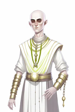 full length, gangly, 22-year old, shaved head, grey-eyed female human cleric with a beaded necklace wearing scale mail