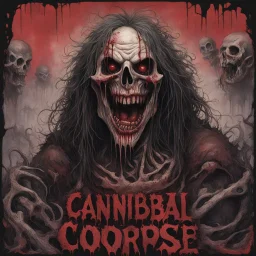 Pestilential rictus, Grin is fixed in misery, rancid rotting maw, raw messy illustrative style by Vincent Locke, unbalanced, offset, non-symmetrical surreal horror, text "Cannibal Corpse" album cover aesthetic in a death metal font