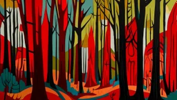 A dark red forest with warped trees painted by Stuart Davis