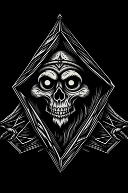 rat fink skeleton in a black hooded cloak drawn in a retro mascot style, inside a light diamond shape on a black background, monochromatic