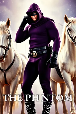 Movie Poster - ((("THE PHANTOM"))), extremely thick, muscular, 6'6'' 18-year-old Billy Zane with extremely exaggerated muscles as the Phantom, long-sleeved, textured, padded purple cotton bodysuit with skintight, formfitting textured purple cotton cowl with ((black eye mask)) and widow peak, black gloves and wrist gauntlets, black boots, double holstered utility belt, skull-shaped belt buckle, glowing, white eyes, standing next to his white horses, captured in a breath-taking explosion of color,