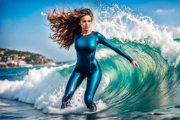 beautiful girl supper model, in nice body suit, with curvy hair,perfect face,perfect eyes,Surfing in huge wave,water with splash,seaside wavy sea ,blue sky nice clouds ,rocky shore