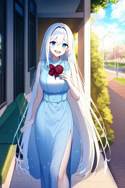 girl, masterpiece, best quality, cinematic lighting, detailed outfit, vibrant colors, perfect eyes, white hair, very long hair, blue eyes, valentine gift, sidewalk, under tree, laughing, sparkle, depth of field, indoors, god rays, glowing light, ray tracing,