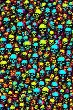a field of 1000s of cartoonish, anatomically correct, skulls, vivid RANDOM BRIGHT neon colors, dark comedy, well lit, high detail, photorealistic, horrorcore, fun, scary, none featured, each a different color or hue,