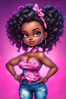 vibrant psychedelic comic book image, airbrush, 48k, cartoon art of a chibi curvy black female wearing torn jeans pants and a pink tie dye off the shoulder blouse. Prominent make up with lush lashes. Highly detailed sleek wavy ponytail