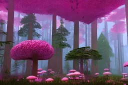 Fantasy dreamworks forêt maison dans les grands arbres avec champignons roses et une rivière bordée de grandes fleurs roses, lumiere volumetrique, unity engine