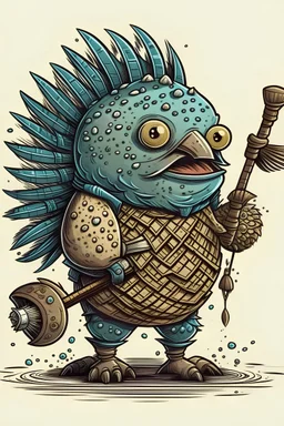 Pufferfish in the shape of a man holding a sledgehammer on a beach with tribal tattoos dnd character style