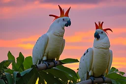 cockatoos, tropical paradise island, sunset