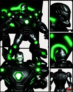 Super IRONMAN armor, kryptonite powered, black armor, black chrome, green lights, built by wayne enterprises, designed by stark industrieshttps://stablecog.com/generate?o=37b70ee1-cbf6-4de2-8ffe-0e02f33ce34f photorealistic, military display, weapons test,