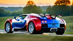 A sleek (((bugatti hyper veyron))),, cutting through a (((clear bright blue morning sky))) rear view