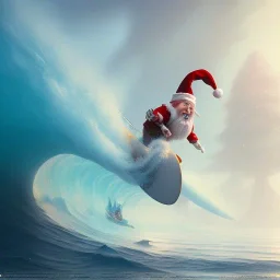 Santa surfing a big wave, surfboard, beach, character design by cory loftis, fenghua zhong, ryohei hase, ismail inceoglu and ruan jia. unreal engine 5, artistic lighting, highly detailed, photorealistic, fantasy