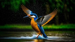 Kingfisher spreads its wings and flies on the water, whimsical photography Anatomically correct Body proportions are appropriate High quality High resolution