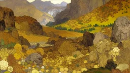 A brown rocky valley near mountains painted by Gustav Klimt