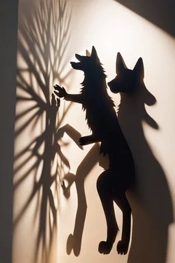 Illustration of shadow puppet, sculptural art where 2D shadows of a wolf silhouette is cast by a 3D sculpture or hand against a wall, creating the Illusions of depth and perception, art against a wall, ombromanie, shadowgraphy, Félicien Trewey