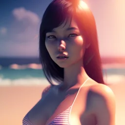 Asian women on the beach hot day atmospheric, realistic, unreal engine, lighting, octane render, perfect face, lips full, full body,