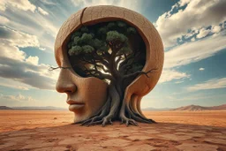 create a surreal image of a giant human head fused with the earth, surface made of dry cracked clay. A large tree grows through the hollow of the face, its branches spreading outward. The desert floor is ancient and textured, sky glows with soft sunlight and clouds. Poetic, mystical tone, ultra-detailed visual storytelling --v 7 --style raw --ar 3:4