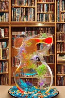 An aquarium glass cat shaped aquarium with fish, colorful fish, in an old style cozy library with a comfortable armchair to sit in and a large aquarium with fish, colorful fish