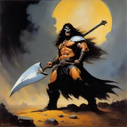 [the Death Dealer: oil painting] Molly Hatchet by Frank frazetta. Molly Hatchet is fighting with his guitar as a sword, the screams of pain and suffering echo of his opponents as they are dispatched all around him. Even in death, they call his name, begging forgiveness for their failure to win the day.