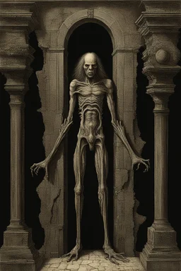 The full body of a man with long hair, holding a bat with both hands coming out a broken wall, decayed and rotting with grotesque proportions and imagery. surreal horror, biomechanical design, by hr giger and beksinski