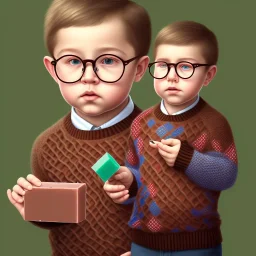 peter billingsley chubby kid with glasses, holding a ((Dark red))soap bar, ((brown))argyle sweater