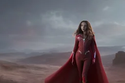 Wanda Maximoff, feiticeira escarlate usando traje vermelho de vestido, destruindo a realidade, governando o mundo, destruição, 4k render, dramático, cinematográfico, poderes destruindo tudo, expressão brava