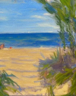 Impressionist painting of a summer day at the beach looking out at the ocean