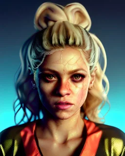 portrait, Shakira, blonde artist, angry, Realistic image, MMA robe, hoodie, mma gloves, loose long hair, eyes, makeup, gold line make up, moisture, sweat, fog, goddess, Neon colors, leds. Black background, photo studio, concept art, smooth, unreal engine 5, god lights, ray tracing, RTX, lumen lighting, ultra detail, volumetric lighting, 3d, finely drawn, high definition, 4k.