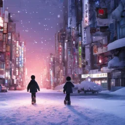 behind photo A young boy walking streets in tokyo post apocalyptic, night, snow