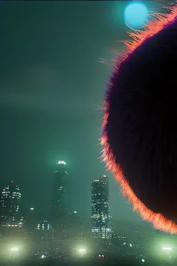 Worm Eye View Scene. Giant hair monster ball flaying on Tokio skyline night. Rain.