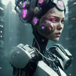 portrait,beautiful robot, post-apocalyptic in a cyberpunk city, realistic, intriacte detail, sci-fi fantasy style, volumetric lighting, particales,highly detailed,cinamatic, deep colours,8k