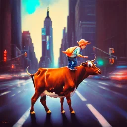 A one-year-old boy rides on the cow in the middle of a busy street in new york. photographic, bright colors and sunset, fantasy art, Anna Dittmann, digital painting, dan mumford, oil on canvas, jeff koons, akihito yoshida, wlop, kodachrome.