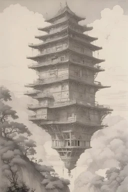 Alexander Sharpe Ross, Heath Robinson, Surreal, mysterious, strange, fantastical, fantasy, Sci-fi, Japanese anime, distorted tower, architectural drawing, beautiful girl in a miniskirt on paper, perfect voluminous body, the flow of time, detailed masterpiece