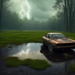 hyperrealistic shot, rusting and moss covered computer, earth color palette, sharp focus, puddle reflection, tire water splash, refraction, rain and lightning on the horizon, shadowcast, detailed and intricate, cinematic composition, tilt shift photography