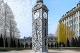 A gray giant and tall clock tower designed in ancient Greek mosaics painted by Rene Magritte