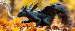 portrait of a shiny squirrel black dragon in autumn, breathing smoke