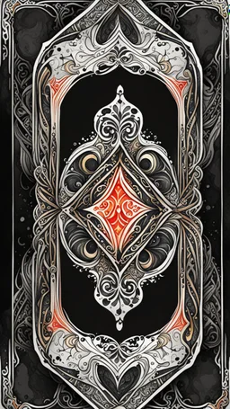 create a full color, ink wash and watercolor, ornate abstract expressionist arabesque style bordered symmetric playing card template on a black background